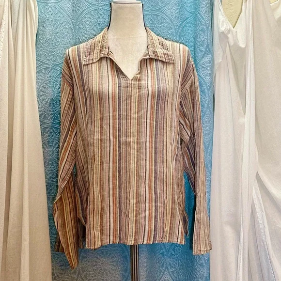 Tibet Souvenirs Colorful Striped Long Sleeve Collared Tunic Shirt - Picture 1 of 9